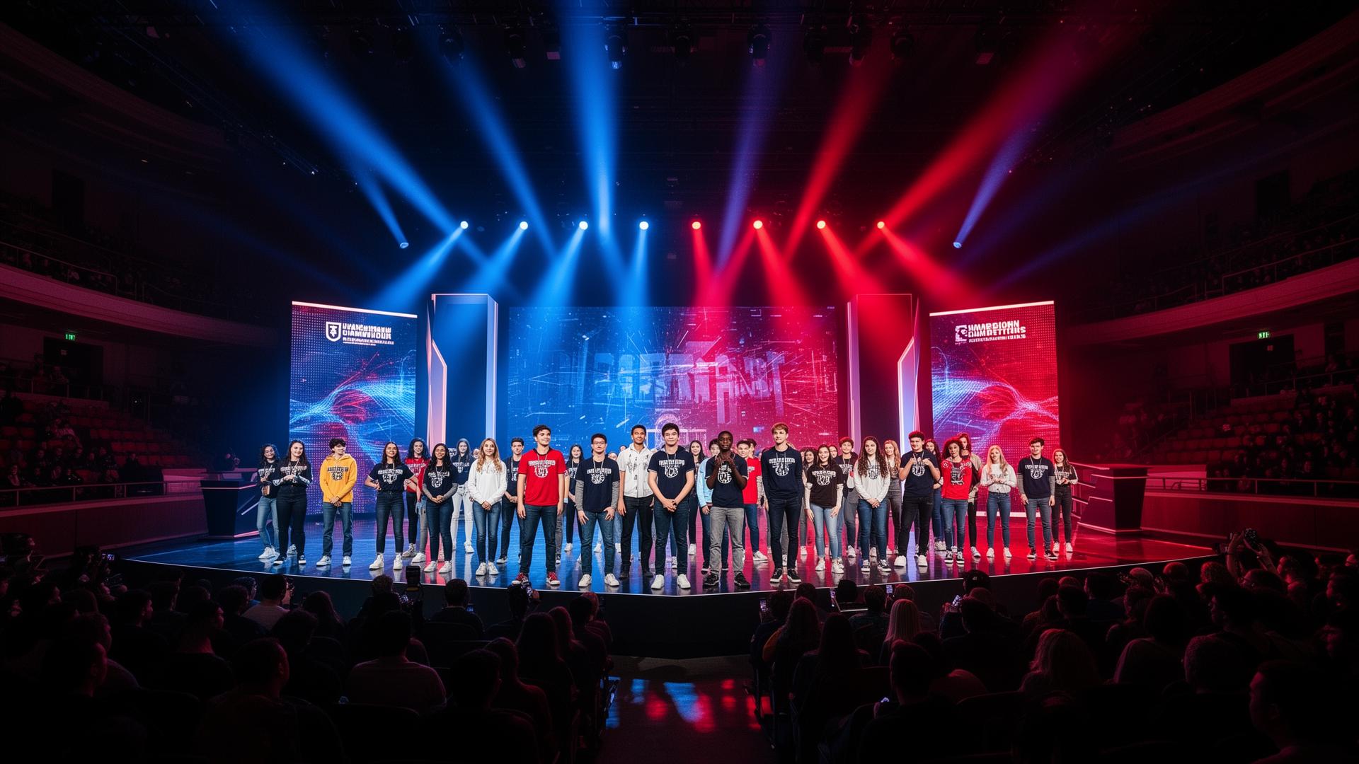 Students competing on a grand championship stage